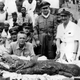 Scientists and sailors pose with a 120-pound coelacanth caught off the coast of Madagascar in 1953.